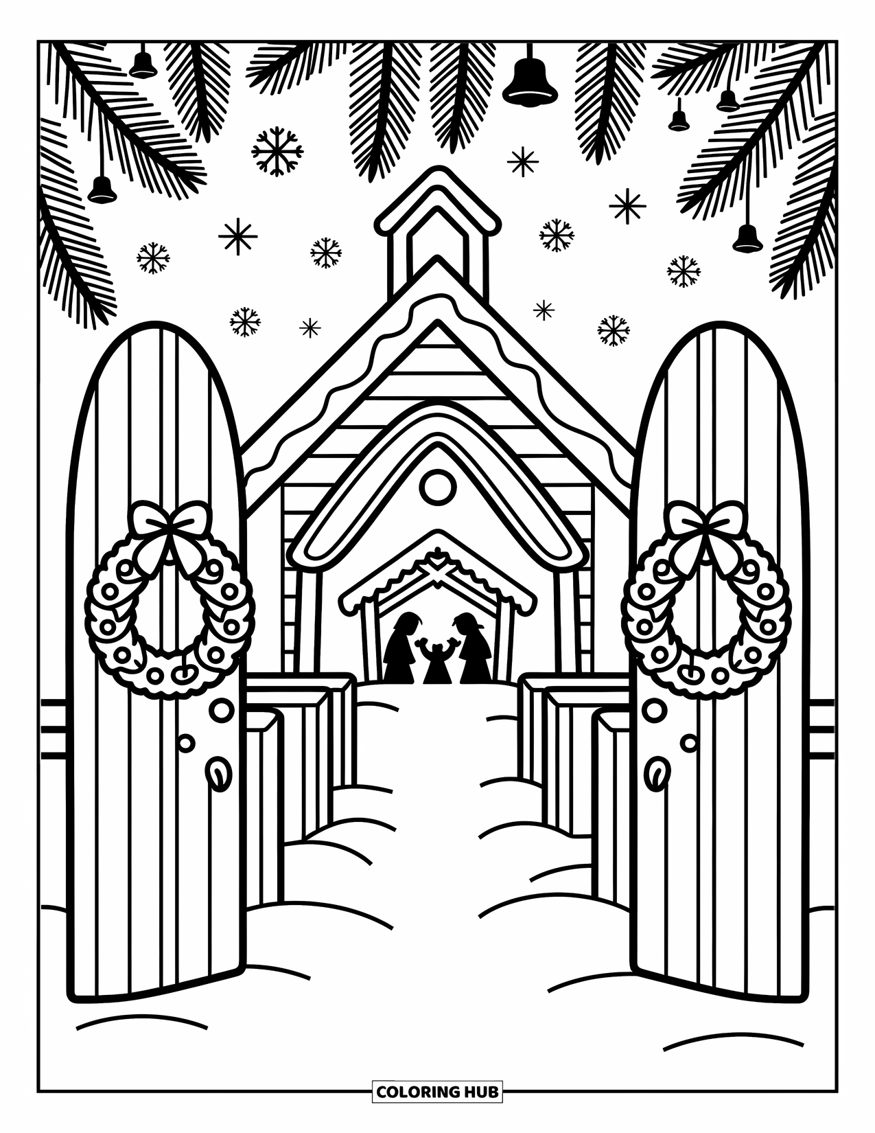 Church Coloring Page for Adults: A snowy chapel scene with wreaths, a nativity silhouette, and tiny pine details