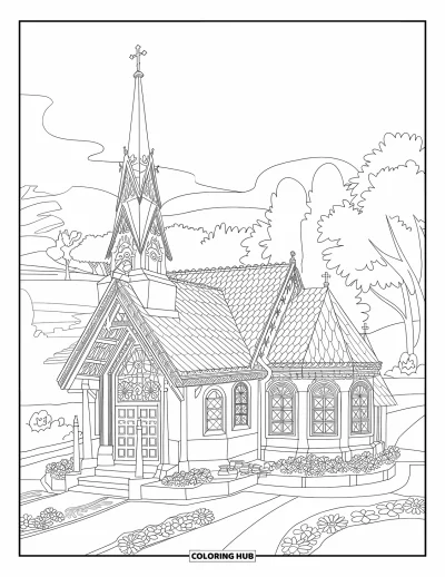 Coloriage d'églises pour adultes : Une chapelle en pierre avec des tours, des motifs de vitraux et des fleurs en pleine floraison