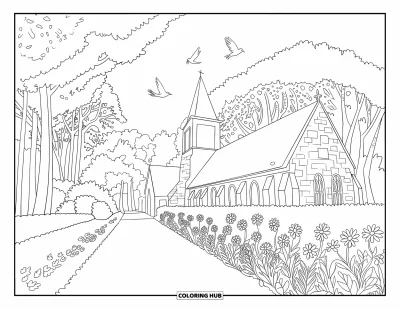 Coloriage d'églises pour adultes : Une église en pierre avec de luxuriantes allées de jardin et de grands arbres aux motifs élaborés