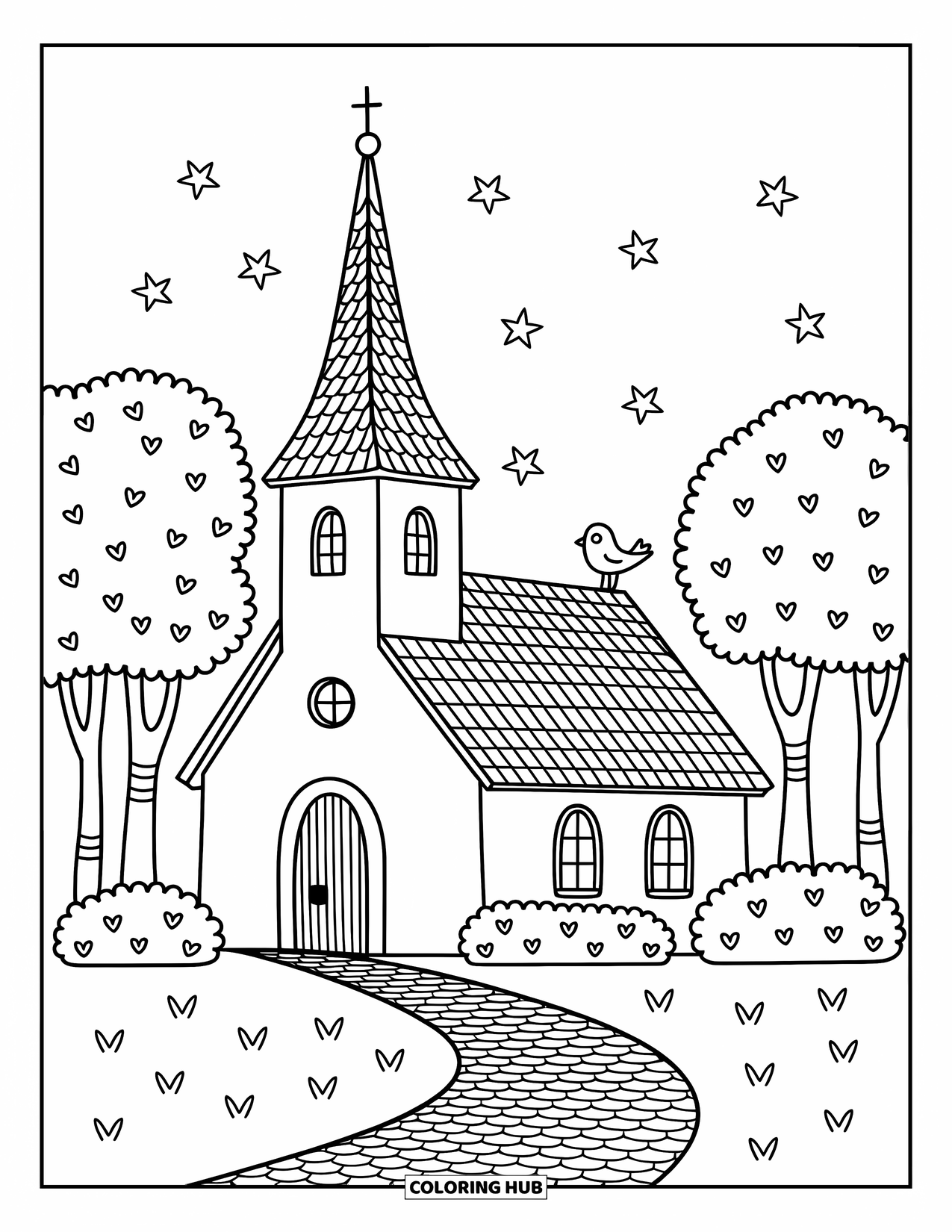 Church Coloring Page for Adults: A sweet countryside chapel with cobblestones, leafy trees, and a perched bird