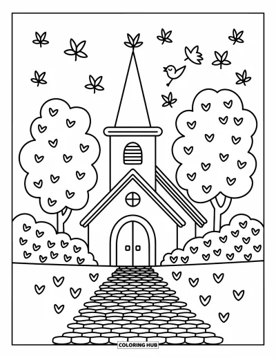 Coloriage d'églises pour adultes : Une église au grand clocher avec un chemin en pavés et un oiseau perché au sommet