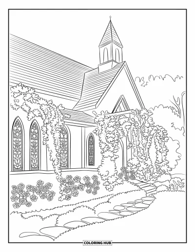 Coloriage d'églises pour adultes : Une chapelle couverte de vignes avec des fenêtres à motifs et des roses en fleurs près d'un chemin de pierre