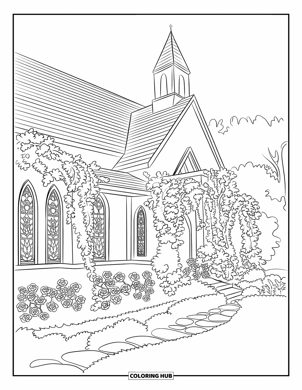 Church Coloring Page for Adults: A vine-covered chapel with patterned windows and blooming roses by a stone path