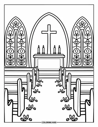 Coloriage d'églises pour adultes : Une allée de bancs en bois mène à un autel simple et de grandes fenêtres fleuries
