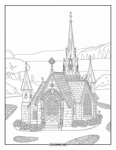 Coloriage d'églises pour adultes : Une chapelle élaborée avec des tours, des parterres de fleurs et une vaste vue sur les montagnes