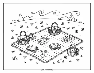 Coloriage d'églises pour adultes : Des couvertures, du pain et des Bibles composent un pique-nique paisible près d'une chapelle au loin