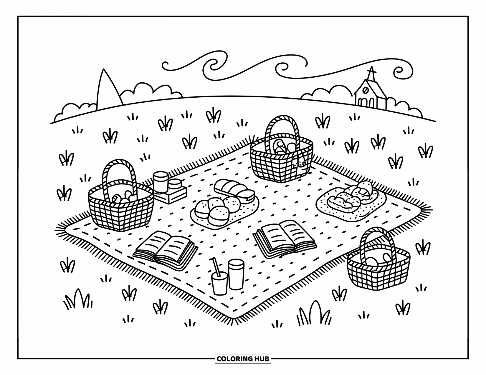 Church Coloring Page for Adults: Blankets, bread, and Bibles make up a cozy picnic near a distant chapel