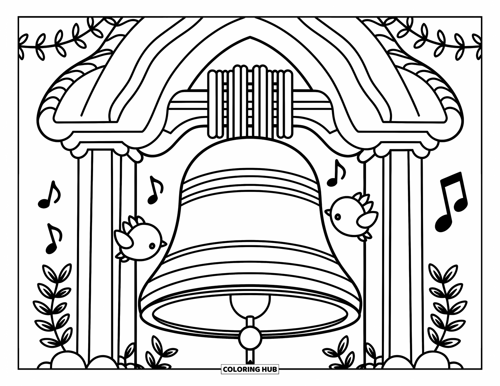 Church Coloring Page for Adults: Cute birds fly near a bell tower surrounded by garlands and musical notes