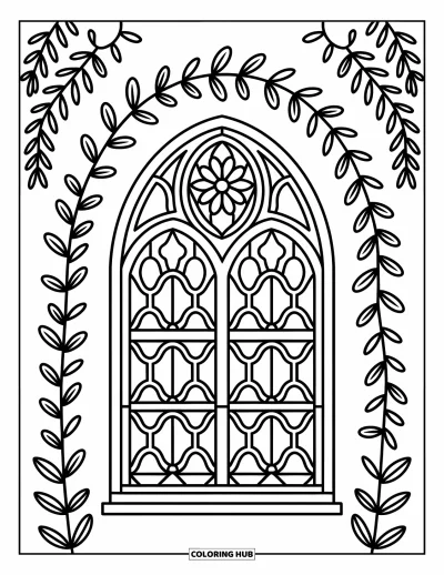 Coloriage d'églises pour adultes : Un vitrail géométrique et floral encadré de vignes et de petits motifs décoratifs