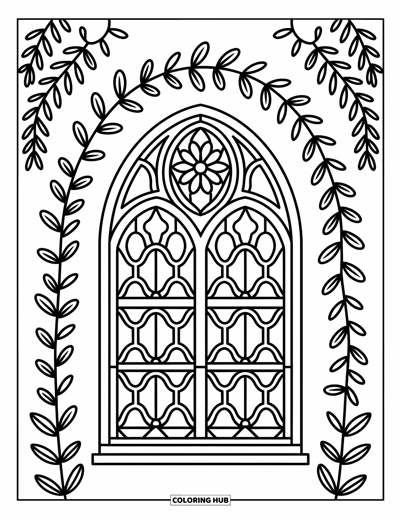 Church Coloring Page for Adults: Geometric and floral stained glass framed by vines and tiny doodles