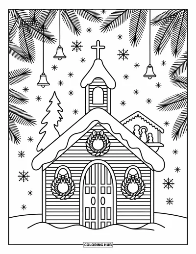 Coloriage d'églises pour adultes : Des flocons de neige tombent sur une chapelle ornée de couronnes et d'une douce scène de nativité derrière