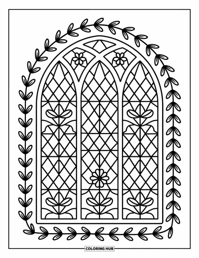 Coloriage d'églises pour adultes : Des motifs de vitraux illuminent un mur d'églises encadré de vignes et de rubans