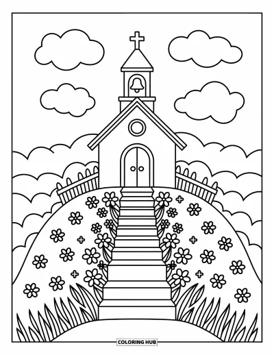 Coloriage d'églises pour adultes : De petits oiseaux et des vignes entourent une église sur une colline avec des nuages cotonneux et une clôture