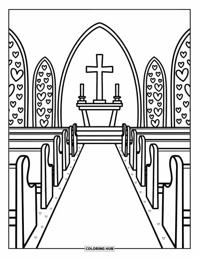 Coloriage d'églises pour adultes : De petites fleurs et des cœurs décorent une allée de chapelle avec des bougies et des vitraux