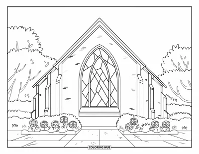 Coloriage d'églises pour enfants : Une église en brique avec des fenêtres en arc encadrées de parterres de fleurs et d'arbustes