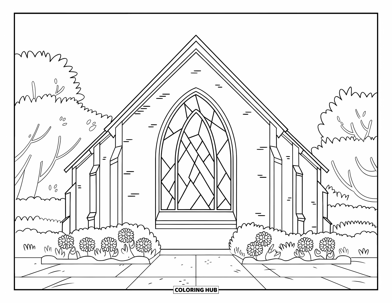 Church Coloring Page for Kids: A brick church with arched windows framed by flower beds and shrubs