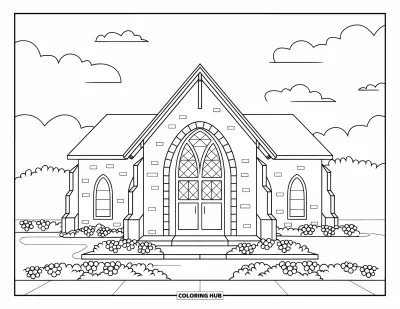 Coloriage d'églises pour enfants : Une église en brique avec des vitraux et des arbustes sous un ciel nuageux