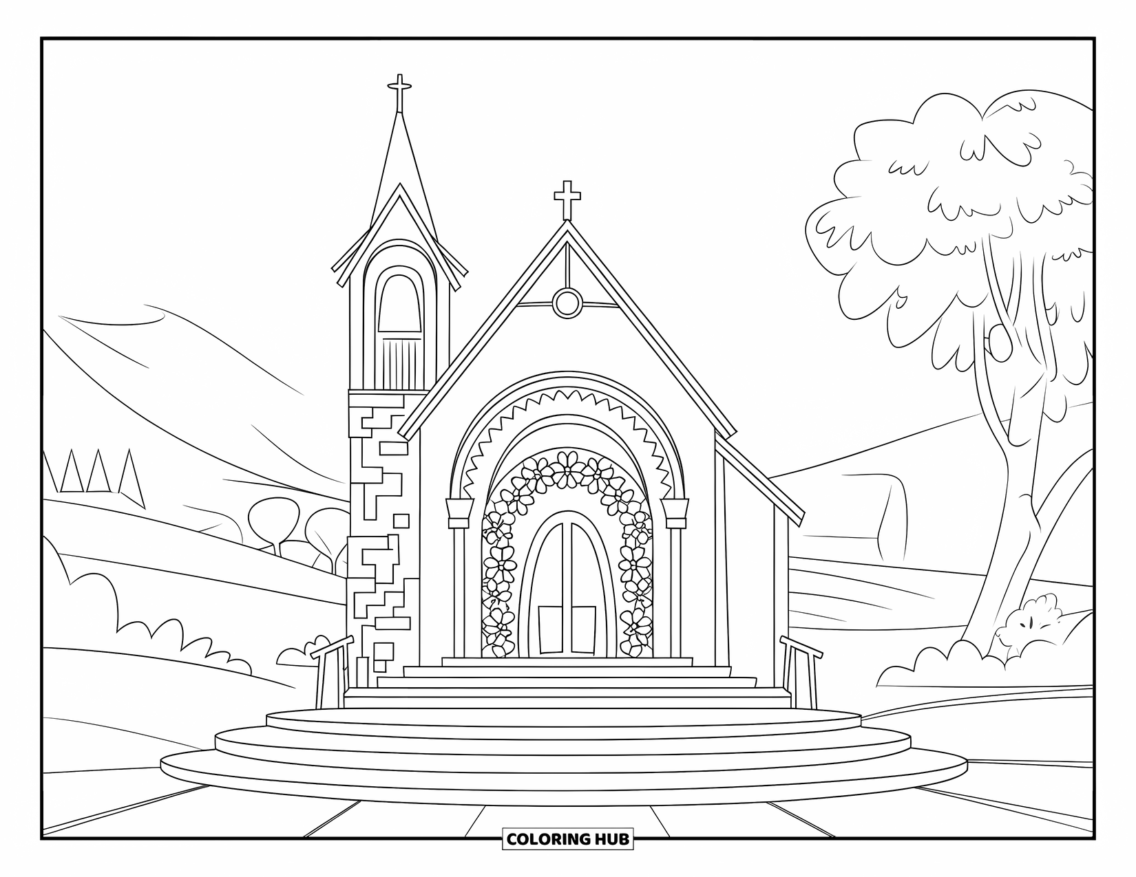 Church Coloring Page for Kids: A chapel with a bell tower, floral arches, and mountain views in the background