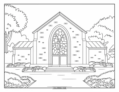 Coloriage d'églises pour enfants : Une chapelle avec un vitrail, des murs en brique et des parterres de fleurs