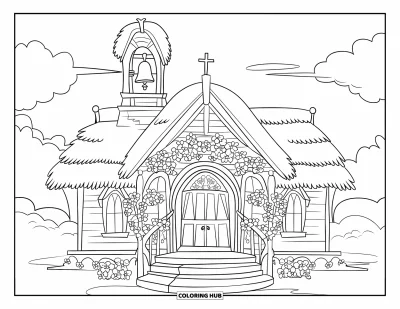 Coloriage d'églises pour enfants : Une chapelle au toit de chaume avec des arches fleuries et un escalier courbé sous un ciel nuageux