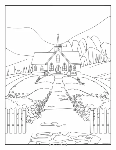 Coloriage d'églises pour enfants : Une église avec un clocher, une clôture en bois, des fleurs et une vue sur les montagnes