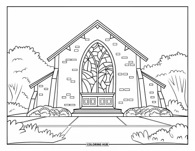 Coloriage d'églises pour enfants : Une église à la texture de brique simple avec des fleurs, conçue pour les enfants d'âge scolaire