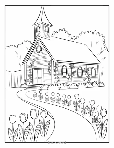 Coloriage d'églises pour enfants : Une église avec des tulipes, des vignes et une fenêtre ronde en façade
