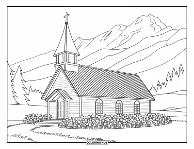 Coloriage d'églises pour enfants : Une église de campagne entourée de fleurs avec des montagnes derrière