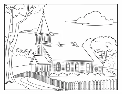 Coloriage d'églises pour enfants : Une église de campagne avec des arbres, une clôture en bois et des oiseaux sur le toit
