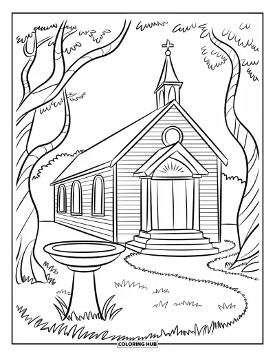 Coloriage d'églises pour enfants : Une chapelle accueillante avec des marches courbées, un bain d'oiseaux et des arbres torsadés à proximité