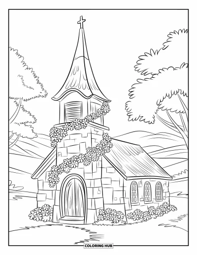 Coloriage d'églises pour enfants : Une église en pierre douillette avec des vignes, des arbres et un paisible panorama de montagne