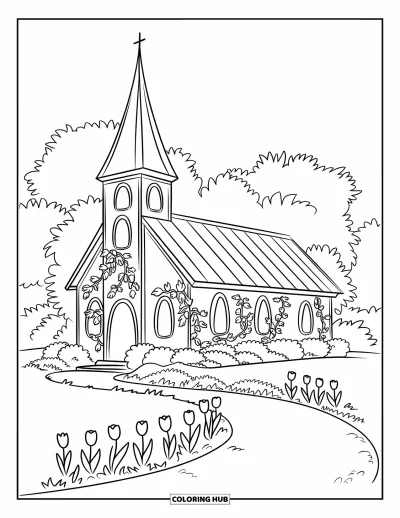 Coloriage d'églises pour enfants : Une jolie église avec des vignes, des tulipes et des arbres en arrière-plan