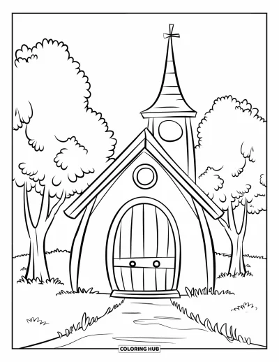 Coloriage d'églises pour enfants : Une jolie église de campagne avec une porte ronde et un petit clocher