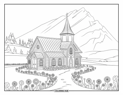 Coloriage d'églises pour enfants : Une église de campagne ornée de fleurs avec un toit pentu et un panorama de montagne