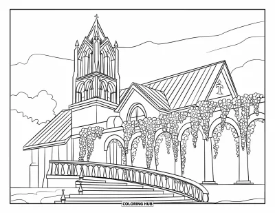 Coloriage d'églises pour enfants : Une chapelle gothique avec un grand clocher, des escaliers courbés et des arches de glycine