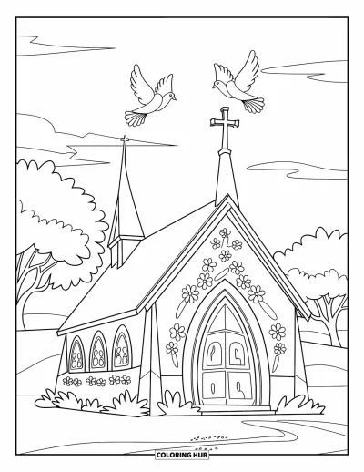 Coloriage d'églises pour enfants : Une église de style gothique avec des fleurs et des colombes dans un paysage serein