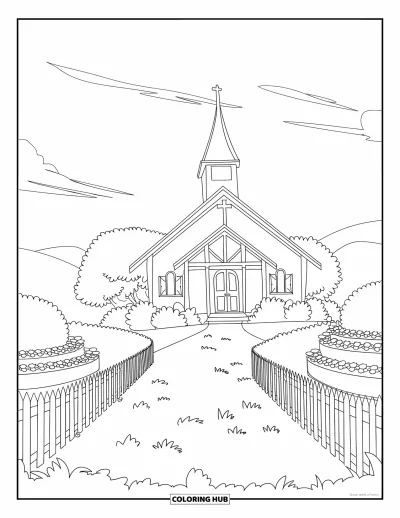 Coloriage d'églises pour enfants : Une église sur un flanc de colline avec des parterres de fleurs, des buissons et un clocher