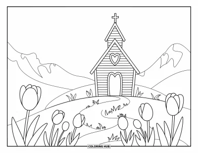 Coloriage d'églises pour enfants : Une église au sommet d'une colline avec une fenêtre en cœur et des tulipes autour