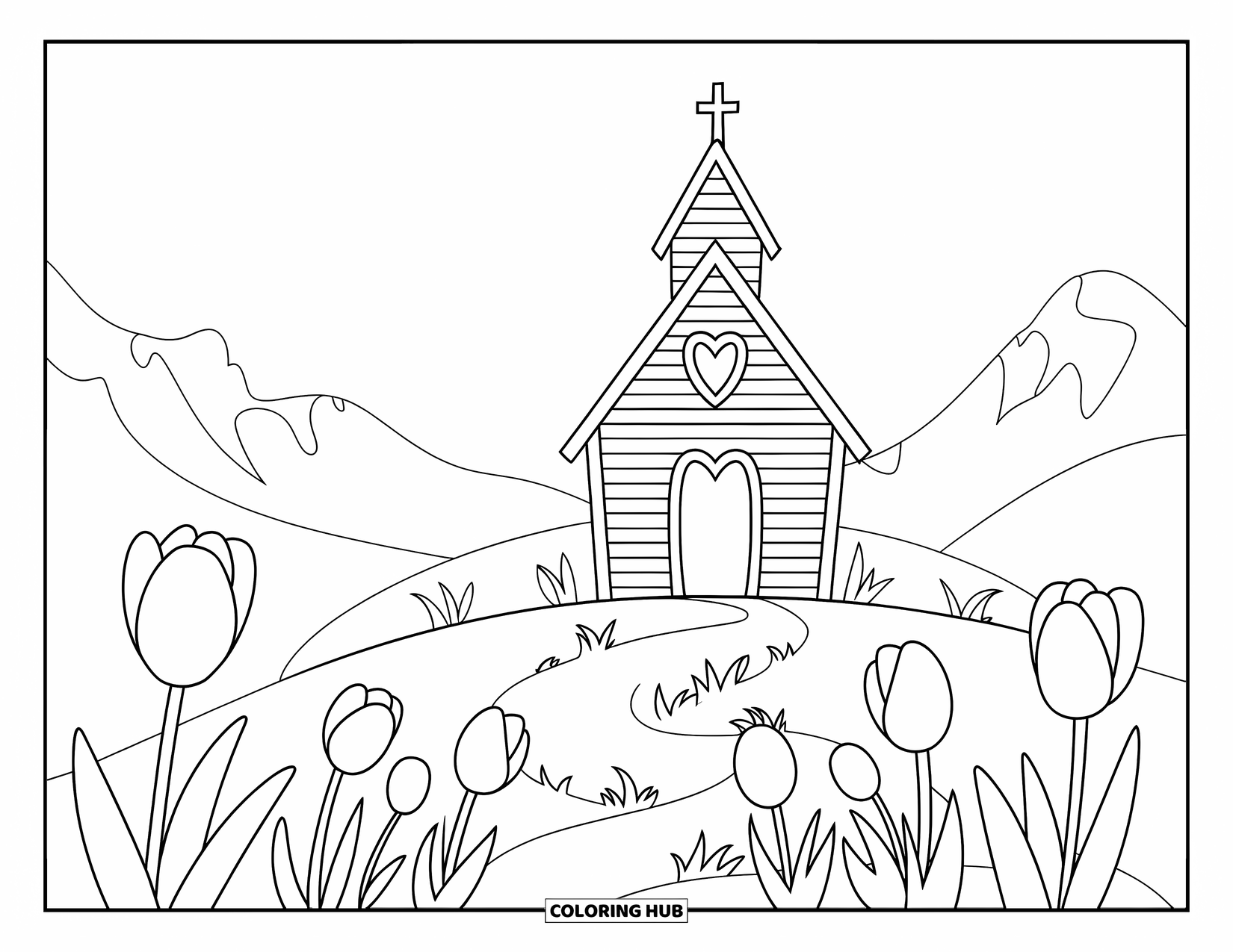 Church Coloring Page for Kids: A hilltop church with a heart window and tulips around it