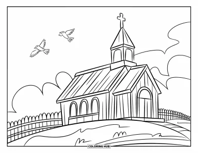 Coloriage d'églises pour enfants : Une église au sommet d'une colline avec des oiseaux dans le ciel et une clôture devant