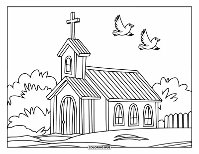 Coloriage d'églises pour enfants : Une petite église sur une colline avec une croix et deux oiseaux qui volent au-dessus