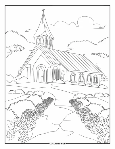 Coloriage d'églises pour enfants : Une église de village moderne sur une colline au design épuré et expressif