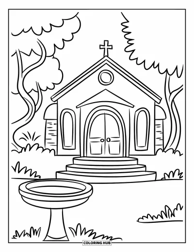 Coloriage d'églises pour enfants : Une charmante église avec des marches arrondies, un bain d'oiseaux et des arbres sinueux