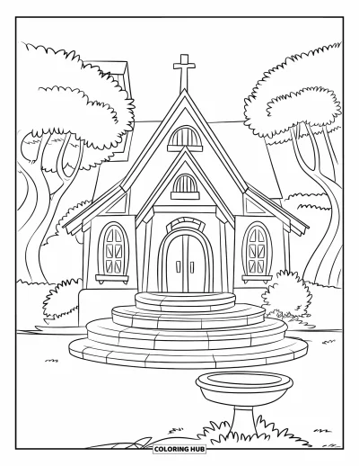 Coloriage d'églises pour enfants : Une charmante église avec des marches arrondies, un bain d'oiseaux et des arbres sinueux dans un champ