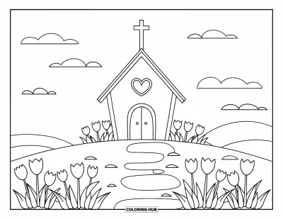 Coloriage d'églises pour enfants : Une petite église avec une fenêtre en cœur, des tulipes et un ciel lumineux