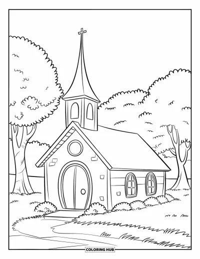 Coloriage d'églises pour enfants : Une petite église avec une porte ronde et des arbres ronds tout autour