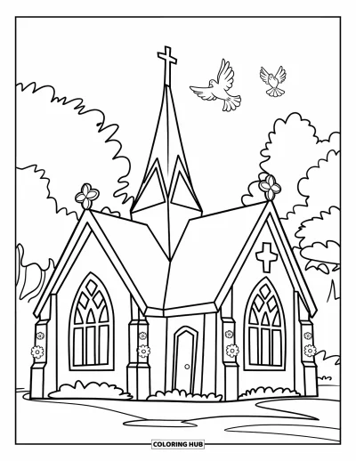 Coloriage d'églises pour enfants : Une petite église gothique avec des accents floraux et deux colombes qui volent au-dessus