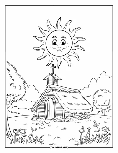 Coloriage d'églises pour enfants : Une chapelle ensoleillée avec des fleurs, des arbres et un toit de chaume