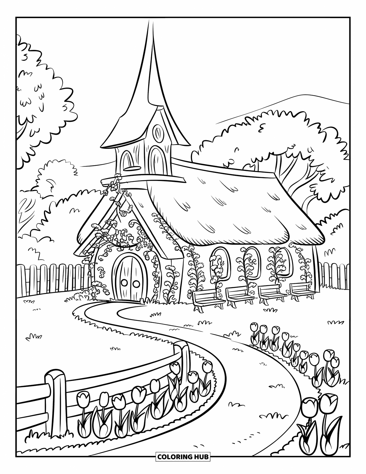 Church Coloring Page for Kids: A thatched-roof church with tulips, benches, and a wooden fence