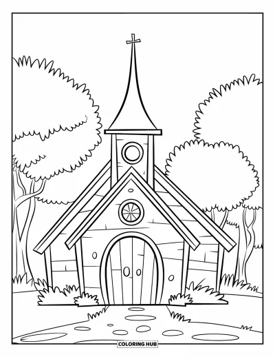 Coloriage d'églises pour enfants : Une petite église avec une grande porte ronde, des arbres et de l'herbe douce